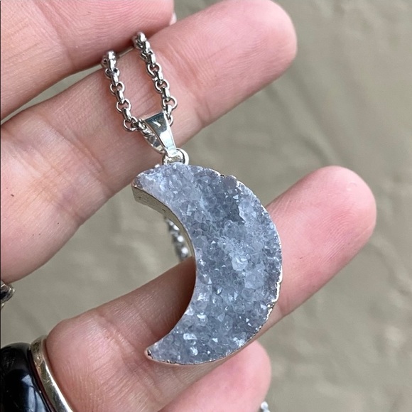 Druzy quartz moon double layer stainless steel chains boho iridescent necklace - Picture 2 of 12